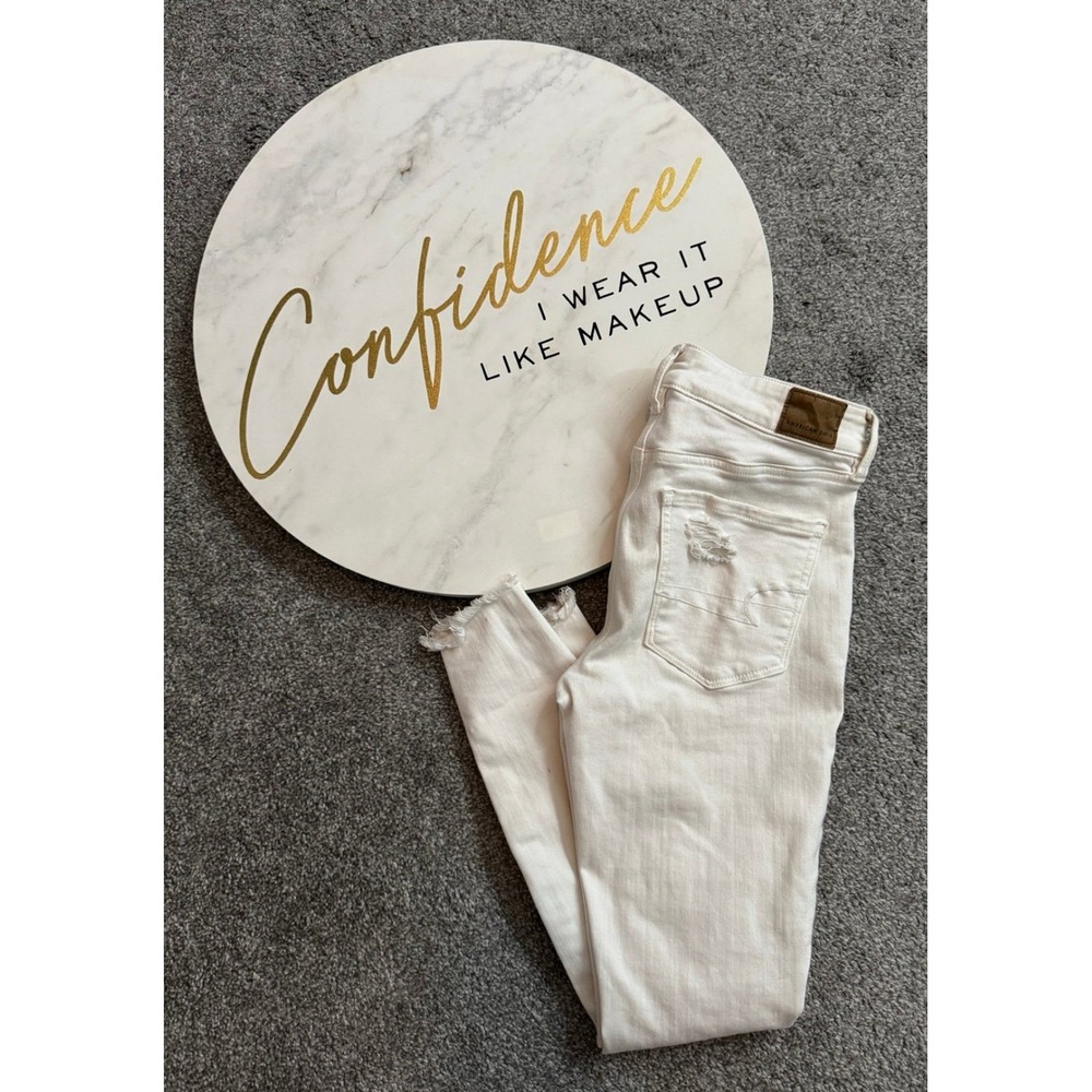 American Eagle White Skinny Stretch Jeans Ripped Distressed Size 4 Short - Picture 2 of 7